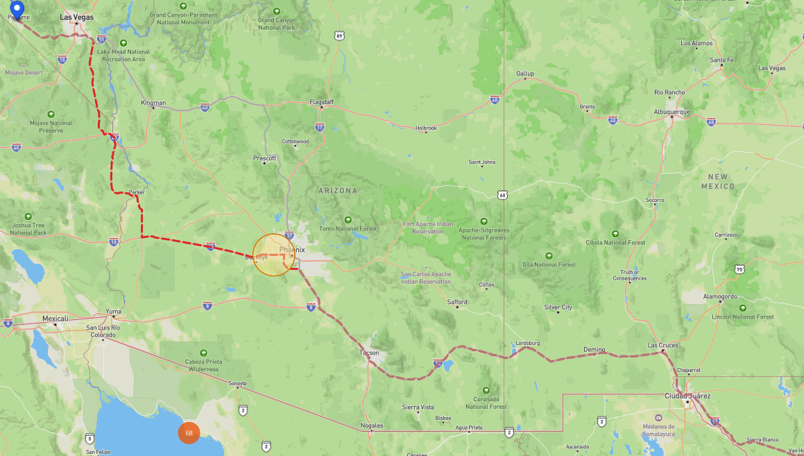 Map of a driving route from Houston to Reno with amber landing-zone circles marking points along the way and a cluster of nearby points of interest