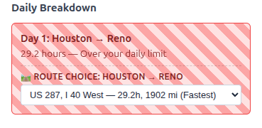 Daily Breakdown card showing a Houston to Reno day flagged as over the daily drive-time limit